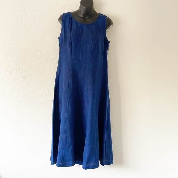 100% Linen Midi Blue Sleeveless Dress Size Petite Med - Picture 10 of 11